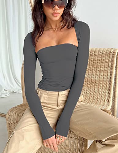 Image of Women 2 Piece Long Sleeve Y2K Cardigan Bolero Shrug Set Strapless Going Out Crop Top 2023 Fashion T-Shirt Tank Tops
