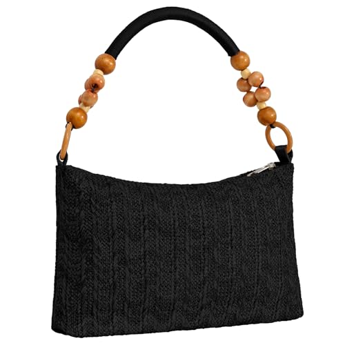 Image of Small Straw Shoulder Bag for Women, Woven Summer Handbag with Wooden Beaded Handle Vacation Purse