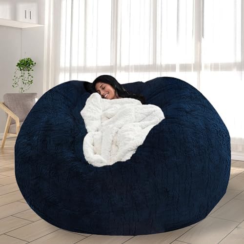 Bean Bag Chair Oversized Adult Plush Bean Bag Chair Cover Fluffy Faux Fur Washable DIY Soft Storage Seat for Reading, Gaming, Lounging, No fillers, Deep Blue,7FT