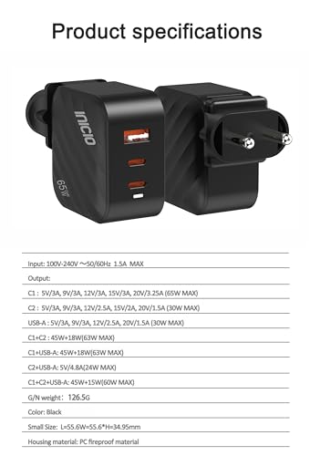 Image of INICIO 65W USB C Triple Port GaN Charger, 2 Type C + USB A PD Fast Charging for MacBook iPad Pro Air iPhone 17 16 15 14 Pro Max Galaxy S25 S24 S23 Ultra Z Fold 7 6 Pixel 10 9 8 Android iOS Devices