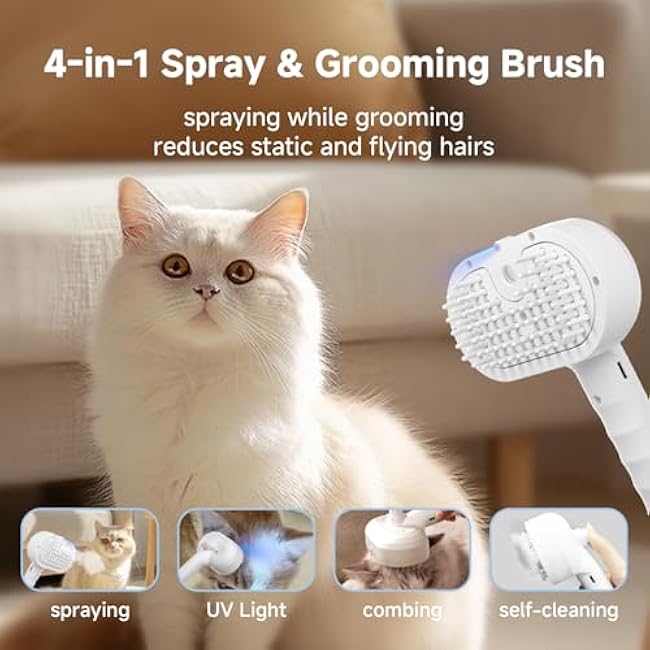 REIKIYA Cat Steam Brush,4-in-1 Spray Hair Removal Dog Brush for Shedding & Grooming with UV Light, Anti-Static Pet Spray Comb with One-Click Release Button-m8HrbsTn