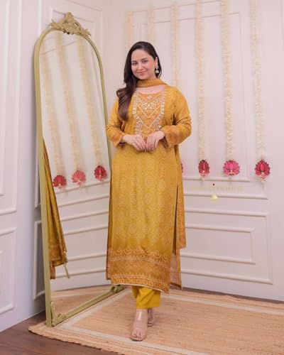 Image of Women's Silk Embroidered Straight Kurti With Pant and Dupatta set