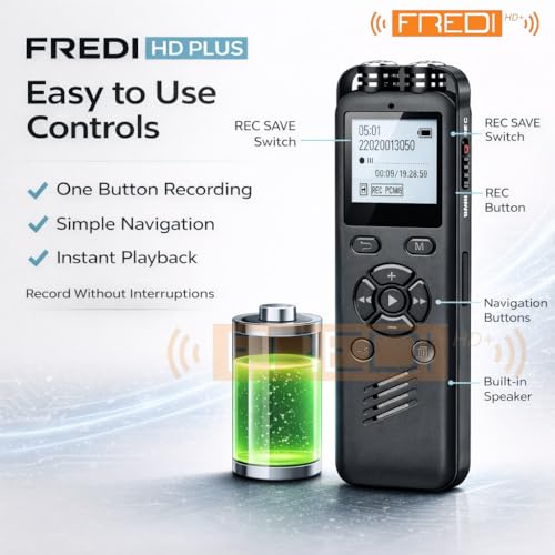 Image of FREDI HD PLUS Voice Recorder 16GB Digital Voice Recorder with LCD Display, 512kbps Clear Audio, Portable Audio Recording Device for Lectures, Meetings, Interviews, Students, Office Use, MP3 Player