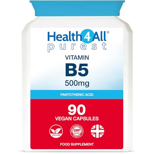 Health4All Vitamin B5 Pantothenic Acid 500mg 90 Capsules 3 Months Supply Purest No Additives VitB5 Capsules (not Tablets) Vegan Gluten-Free High Strength 8 333% NRV Supplement | Made in UK