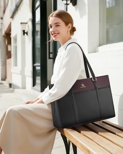 Image of LOVEVOOK Lunch Bag for Women, Leather Work Laptop Tote Bag with Insulated Lunch Compartment&Cup Holder, 15.6 Inch 2 in 1 Lunch Tote for Business, Teacher, Nurse, Office, College, Casual