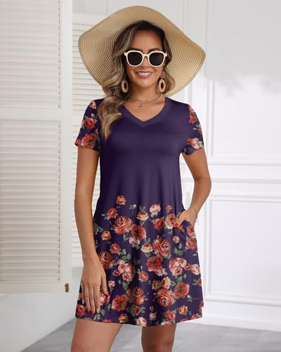 Image of COSSEN Women's Casual T Shirt Dress V-Neck Short Sleeves Swing Dresses Birthday Party Summer Travel Beach with Pocket