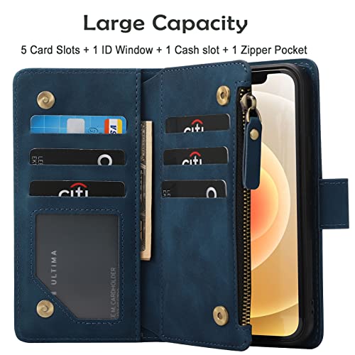 Ranyok Wallet Case Compatible Iphone 12 Pro Max (6.7 Inch), Premium Pu Leather Zipper Flip Rfid Blocking Wallet With Wrist Strap Magnetic Closure Built-In Kickstand Protective Case - Blue #TOP3