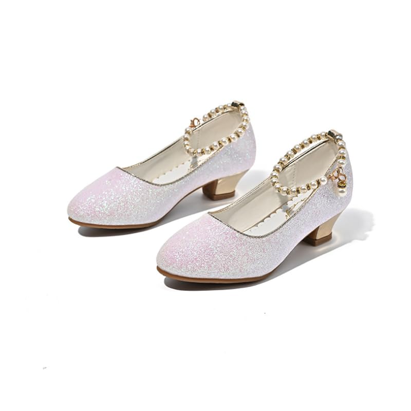 Girls Dress Shoes with Pearls Ankle Strap Mary Jane Elegant Low Heels Wedding Party Princess Shoes