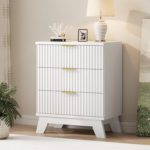 Image of Fluted Dresser for Bedroom with 3 Drawers, 24 inch Wide Modern Chest of Drawers with Metal Handle, Wooden Dresser TV Stand, Wood Closet Clothes Storage Drawer Organizer for Living Room, Hallway, White