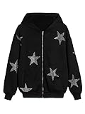 Verdusa Women's Rhinestone Star Pattern Drop Shoulder Zip Up Hooded Sweatshirt Black Large