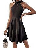 SheIn Neckholder Kleid Damen A Linie Kleider Elegant Spitzen Freizeitkleid Ärmellos Skaterkleid Kurz Swing Partykleid Schwarz S