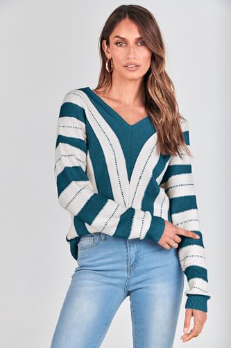 PRETTYGARDEN Sweaters for Women 2025 Long Sleeve Striped Knitted V Neck Pullover Jumper Tops Fall Outfits Fashion Clothing
