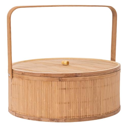 HOLIDYOYO Bamboo Basket Round Bamboo Woven Goodie Basket with Handle and Lid Empty Basket for Party Treats