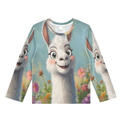 White Llama Flowers Boy's Rash Guard Swim Shirt Long Sleeve Sun Shirt for Kids Toddlers UPF50+ 3T