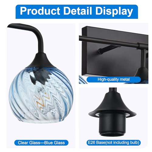 Image of MELUCEE 5-Light Bathroom Light Fixtures 42 Inches, Matte Black Vanity Lights with Blue Striped Swirl Glass Shade, Mid-Century Modern Bathroom Vanity Light Over Mirror