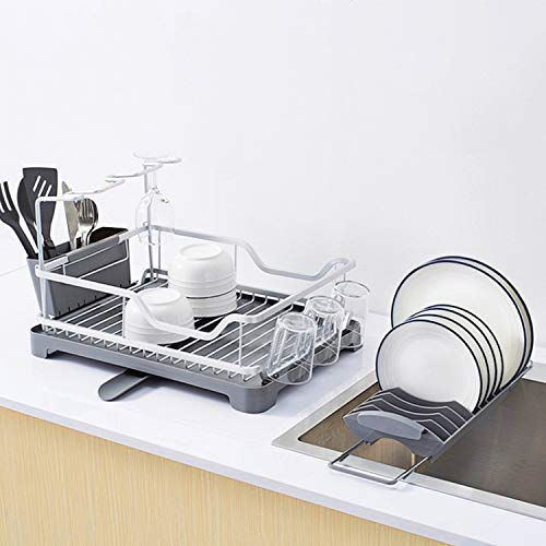 Dish Drying Rack Over The Sink, Aluminum Dish Draining Set with Drainboard, Removable Compact Utensil Holder Set, Cutlery Holder, Stemware Holder, Non-Slip Cup Holders for Kitchen