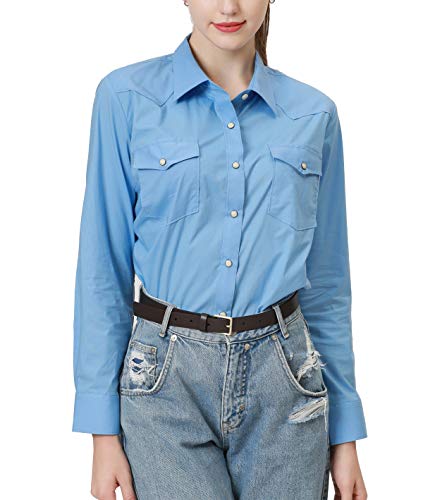 PASHARTUK Western Shirts for Women Cotton Long Sleeve Shirts for Women with Snap Buttons Plaid Shirts for Women(Blue PKW06,M)