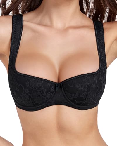 HACI Balconette Bra for Women Sexy Scoop Neck Low Cut Everyday Push Up Demi Half Cup Lightly Padded Shelf Underwire