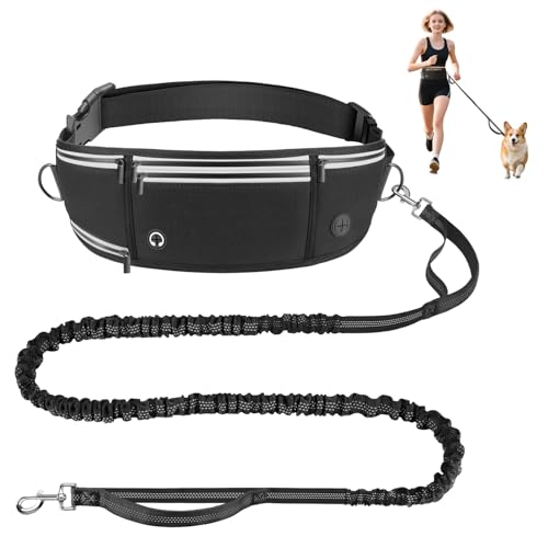 Looxmeer Correa para Perro Manos Libres con Riñonera, Correa Multifuncional con Cinta Reflectante y Doble Asa, para Perros Grandes y Medianos, 1,6-2,2M, Negro