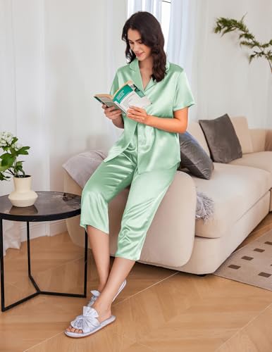 Image of Ekouaer Womens Satin Silky Capri Pajamas Short Sleeve Button Down Sleepwear
