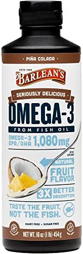 Barlean's Pina Colada High Potency Omega 3 Fish Oil Liquid Supplement 1080mg of Omega 3 EPA & DHA Fatty Acid, Smoothie Flavored & Burpless for Brain, Joint, & Heart Health, 16 oz