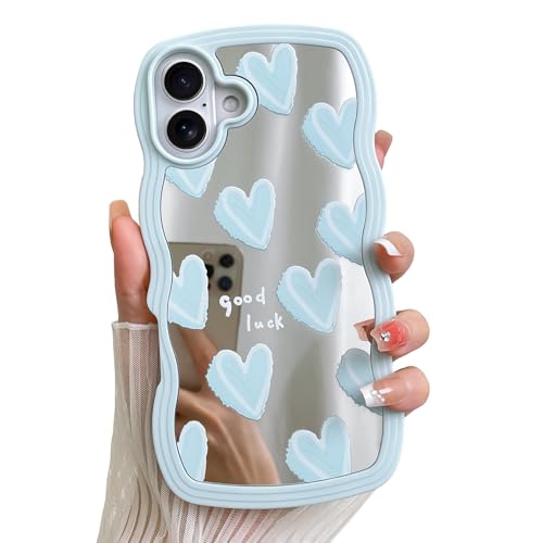 Coque iPhone 16 cœur bleu idée cadeau femme et fille avec cadre vague esthétique