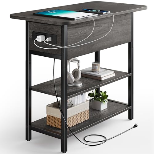 Image of Yoobure End Table with Charging Station, Flip Top Side Table with USB Ports and Outlets, Sofa Couch Table Bedside Table for Living Room Bedroom, Narrow Nightstand with Storage Shelves for Small Space