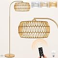 Brilvibera Boho Gold Floor Lamp- Rattan Lamp with Stepless Dimmable Bulb, Mid Century Modern Floor Lamp with 2 in 1 Lampshades, Bohemian Gold Tall Lamp for Living Room, Office, Classroom