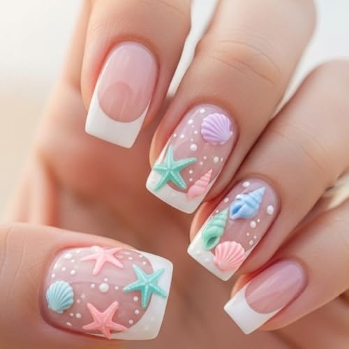 Summer Press on Nails Short Square Beach Nails Press on Fake Nails with Starfish Shell Designs French False Nails Gel Artificial Acrylic Nail Cute Fingernails Full Cover Stick on Nails for Women 24Pcs