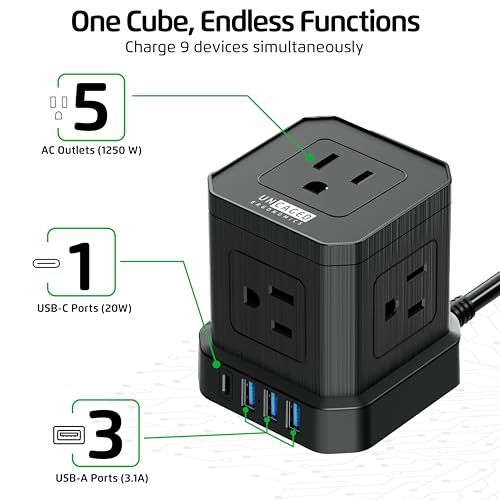 Image of Cube Power Strips with Surge Protection, 10ft Extension Cord with Multiple Outlets, 5 AC Plugs, 3 USB, 1 Usbc Fast Charging Power Strip with USB Ports, Mountable On /Off Switch Charging Station