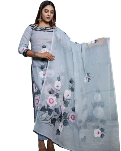 Indiehaat Modern Light Gray Kota Doria Suit with Hand-Painted Design – Elegant, Lightweight Ethnic Wear for Women, Perfect for Festivals, Parties & Daily Wear - Small