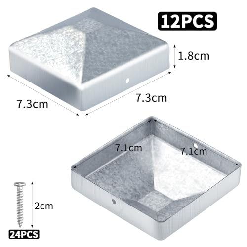 Sturiz Nakrętki na słupki, 7 x 7 cm, 12 sztuk, zaślepki na słupki, metalowe zaślepki ogrodzeniowe, kwadratowe, ze śrubami