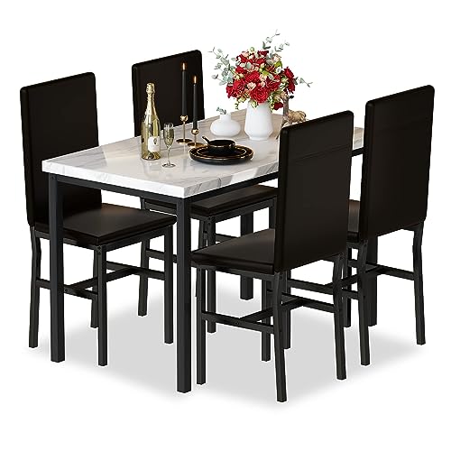 Hooseng Dining Table Set for 4, Modern Faux Marble Kitchen Table with 4 PU Leather Chairs, 5 Piece Dining Room Sets for Dinette, Breakfast Nook, Black