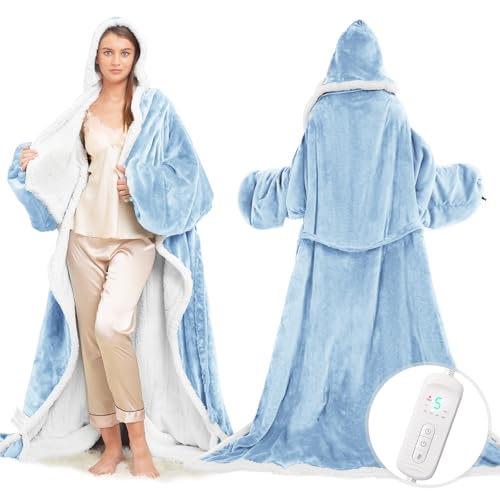 Wearable Heated Blanket with Foot Pocket, Electric Wearable Throw Blanket with Sleeves, Hood, Portable Heated Blanket with 8 Heat Settings, 1-10 Hours Auto Shut-off, Gift for Family, Friends, 50*70"