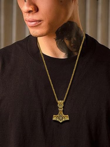 Thor Hammer Necklace for Men, 18K Gold/Black Stainless Steel Hammer Mjolnir Pendant Powerful Amulet Noridc Jewelry Gift for Viking Lover-Send Gift Box2