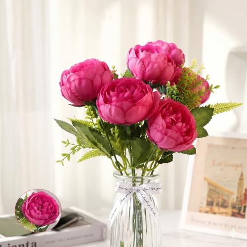 Image of CURATED CART 1 Bunch Artificial Peony Rose Flower Bouquet (Pink) | 5 Flower Heads, for Home Decor, Office, Bedroom, Balcony, Table Display, Wedding Decoration (Without Vase Pot)