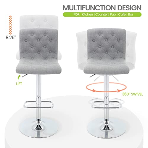 Brage Living Tufted Fabric Bar Stool, Adjustable Swivel Counter Height Barstool With Back, Upholstered Armless Airlift Bar Chair For Kitchen Dining Cafe (Light Grey) #TOP4