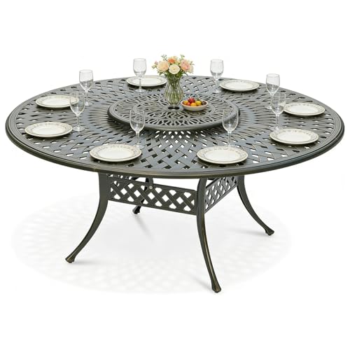 MEETWARM Outdoor 61" Large Patio Round Dining Table for 6-8 Person, All Weather Cast Aluminum Patio Dining Table with 24" Lazy Susan Turntable, Umbrella Hole for Balcony, Porch and Deck