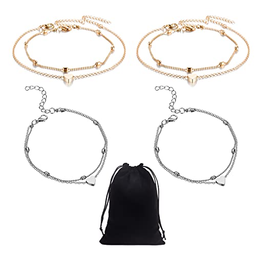4 juegos de tobilleras en capas para mujer, 1 pieza de bolsa de almacenamiento de joyas, tobillera con colgante de corazón y tobillera con cuentas, adornos boho de playa de verano (oro, plata) Cover