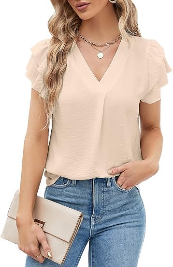 BUNSLOOM Damen Bluse Chiffon Sommer Kurzarm V-Ausschnitt Puff Ärmel Casual Elegante Arbeitsbluse Top Büro Arbeitskleidung