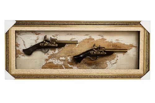 Image of Vintage Dual Pistol Wall Art Frame with World Map Background | Antique Gun Replica Wall Decor | Wooden & Metal Finish Framed for Living Room & Office - Gold Ornate Frame