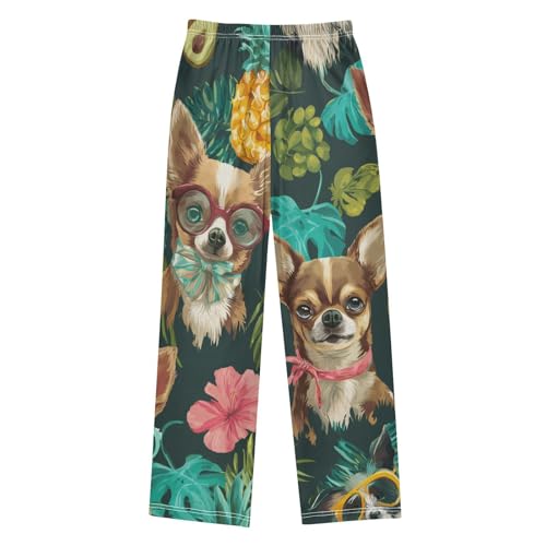 Tropical Chihuahua Palm Leaf Boys Long Pants Soft Trousers Elastic Waist Kids Lounge Bottoms with Pockets S-XL2