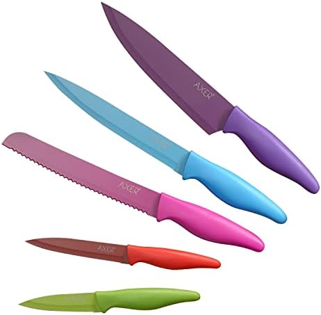 Axer Coloured Knife Set - Sharp Knife Set Non-Stick - Kitchen Knives Set High Carbon Steel - Colour Coded Knives 5 Piece with Non-Slip Handle - Sharp Kitchen Knife Set