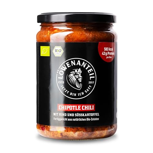 Löwenanteil - 100% Bio-Eintopf CHIPOTLE CHILI - 570g Glas - Proteinreiches Bio-Fertiggericht mit bestem Bio-Rindfleisch & Süßkartoffel - Ohne Zuckerzusatz & Glutenfrei