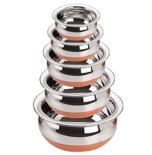 Image of Stainless Steel Copper Bottom Kitchen Serving, Cooking Bowl | Biryani Handi | Handi Set 5-Pieces