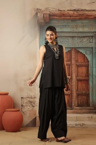 Image of REAM Women's Cotton Sleeveless Kurti and Farshi Salwar Set, Black, Ethnic Wear, Casual and Festive