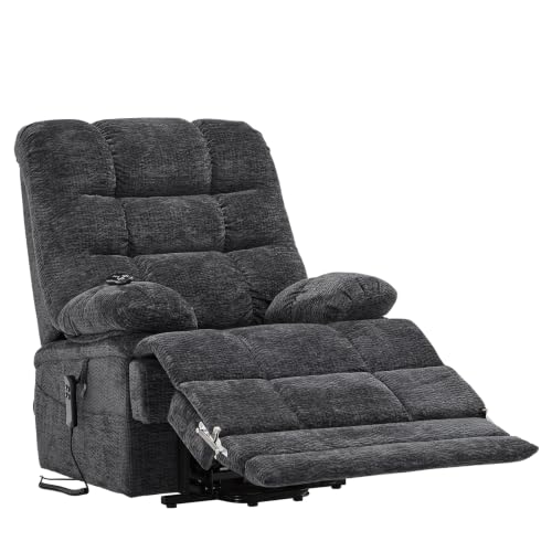 DYNOX 9305L Big & Tall Power Lift Recliner, Extended Footrest, Dark Grey | Dual Motor, 180° Lay Flat, 27.5" Wide Seat, Heat & Massage, 400 lbs, Large-Wide & Tall Fit, Chenille