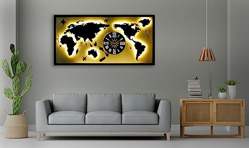 Image of METSYMetal Laser Cut(World Map with analogue clock) Wall Hanging world map attached analogue clock with LED Strip Lighting(Bomb White Shade)(4x2) feet, Gorgeous lookings