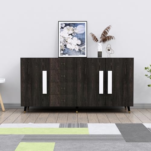 Image of Bniture Storage Cabinet Wooden for Living Room Sideboard with 4 Drawer and 3 Door | Multipurpose Storage Organizer Chest of Drawer Cabinet for Home Hallway Drawing Room Bedroom Kitchen | Flower Wenge