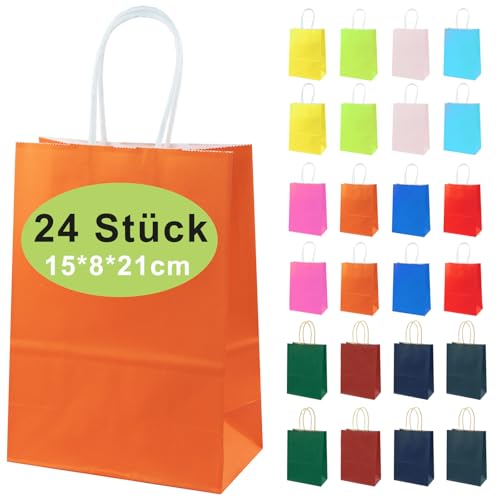 24stk Bunte Papiertüten mit Henkel - 21 x 15 x 8 cm, Bunte Kraftpapier Partytüten, 12 Farben kleine Geschenktüte, Geschenktüten, Kraftpapiertüte, DIY Adventskalender